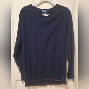 Vintage Polo Ralph Lauren Navy Ribbed Cotton Pullover - Red Raw Hem - Large